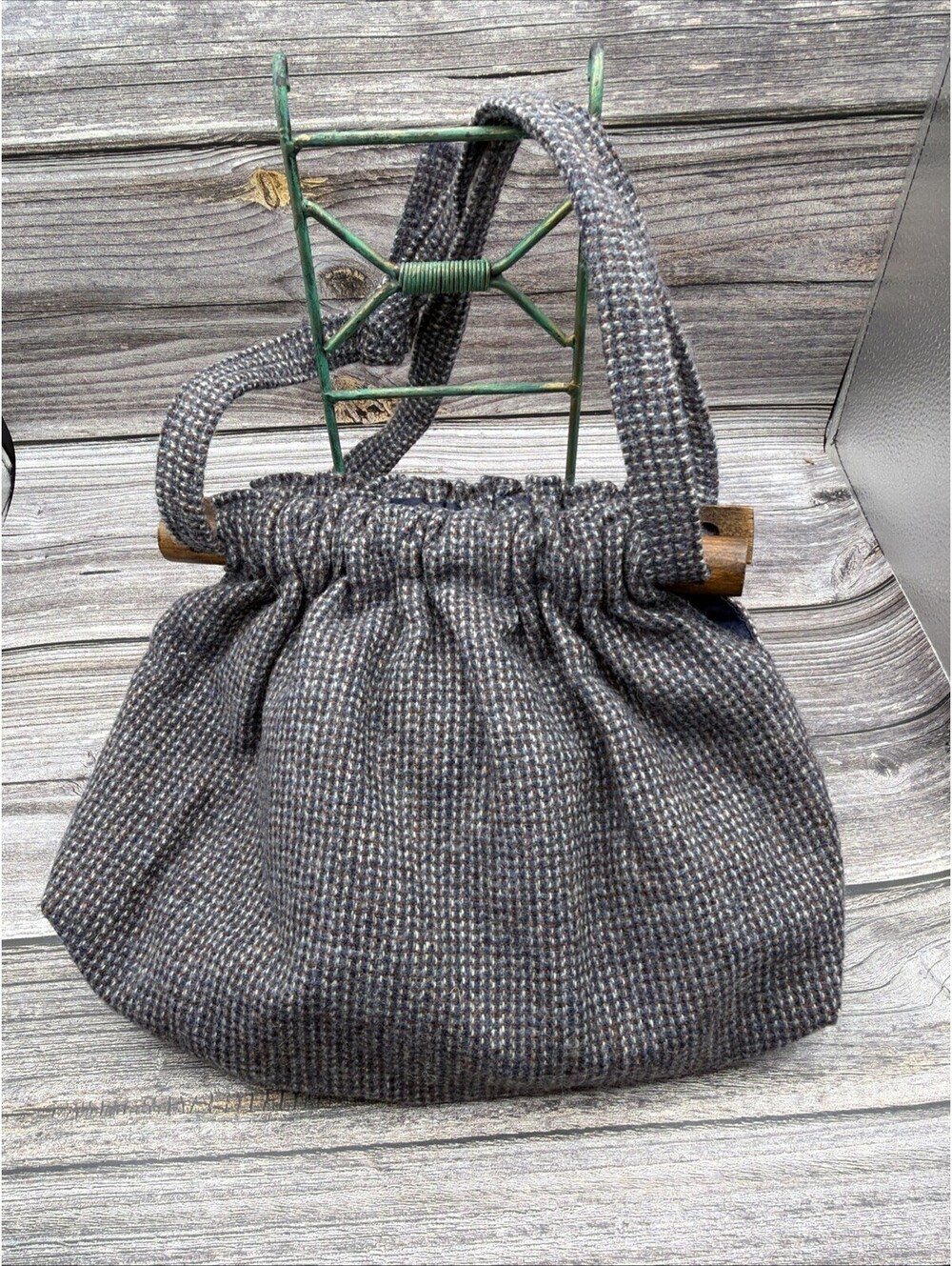 Vintage Norma Jean Made in Maine Wool Pouch Handbag Blue Brown Bohemian Cottage